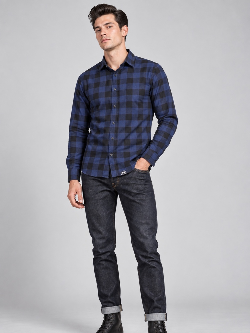 DOPE Blue Black Buffalo Plaid Flannel Button Down Shirt Men’s Large Slim Fit
